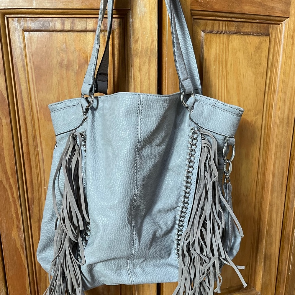 Gray leather Jessica Simpson fringe purse.